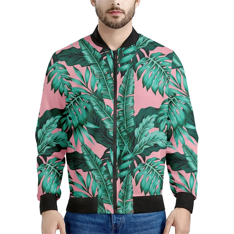 thumbnail image 1 of Chaqueta bomber con estampado de hojas de plátano tropical para hombre, sudadera de manga larga en 3D, chaqueta bomber de calle de gran tamaño con cremallera, 1 of 5