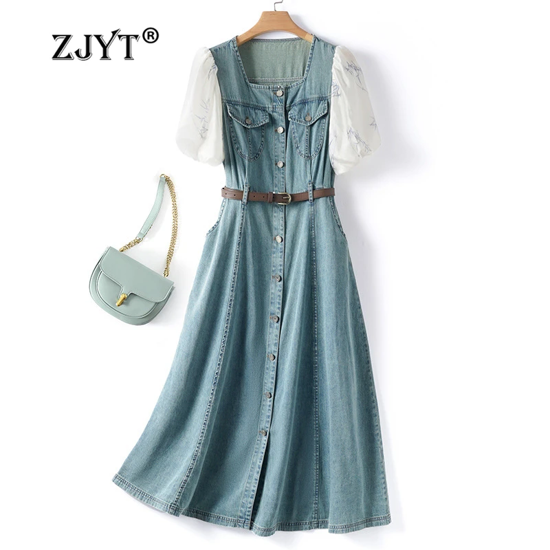 ZJYT 여성용 하이 스트리트 패션 여름 데님 원피스, 반팔 스퀘어 칼라 컬러 블록 캐주얼 블루 드레스, 벨트 로브 포함, 2024 
