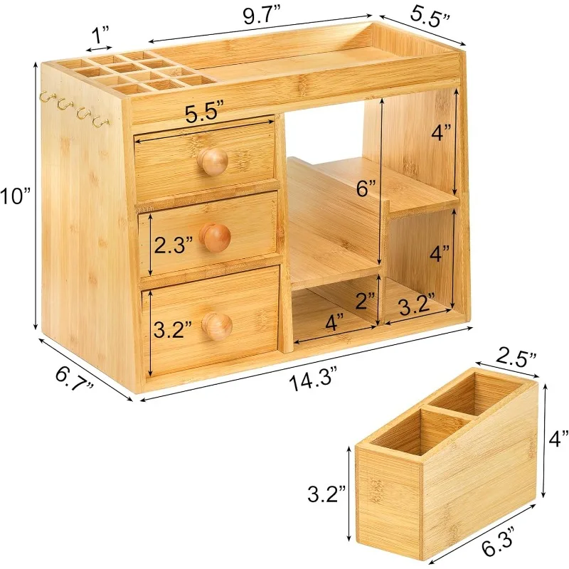 Bamboo Makeup Organizer with 3 Drawers & 12-Grid Lipstick Holder, Desk Bamboo Vanity Jewelry Organizer 2