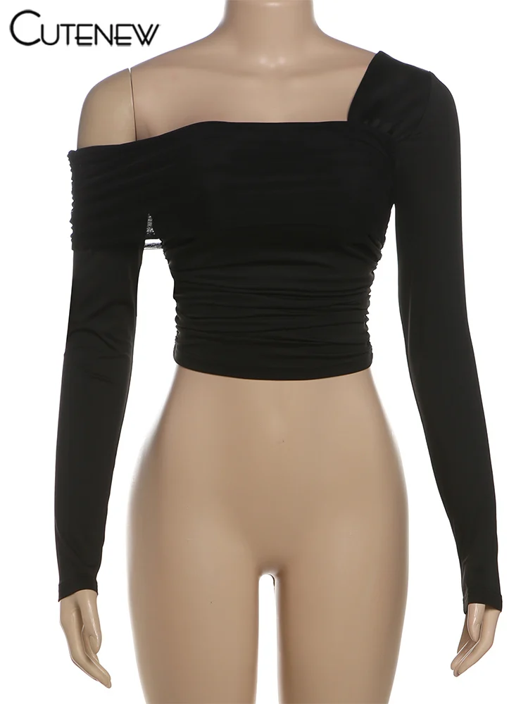 Asymmetrical Slash Neck Wild Women T-shirts Concise Ruched Full Sleeve Skinny Crop Tees Trend Basic Female Street Tops