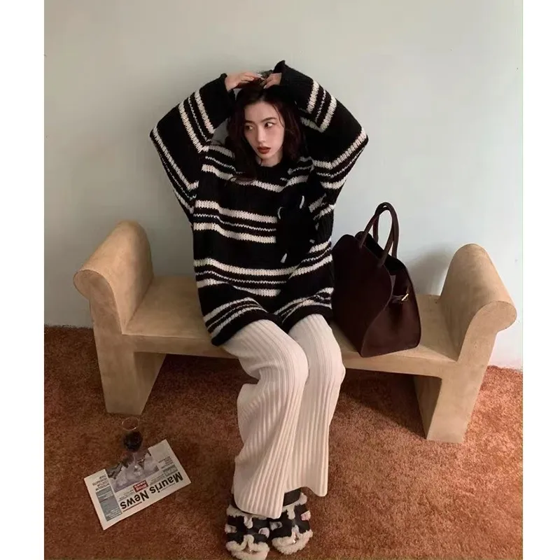 

2023 New Arrival Autumn Korean Style Women All-matched O-neck Long Sleeve Pullovers Loose Casual Striped Knitted Sweater V847