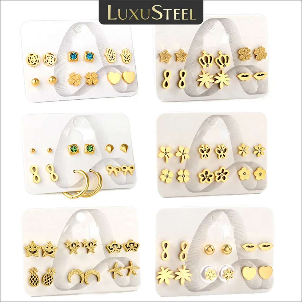 

LUXUSTEEL 6Pairs Gold Plated Stainless Steel Earrings For Women Girls Cute Piercing Tragus Studs Hoops Birthday Jewelry Set New