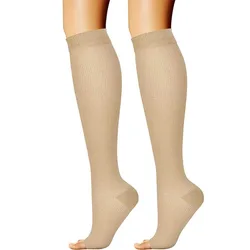 Enhanced Circulation Open Toe Compression Socks - Black Knee - High for All - Day Comfort (Skin Color)