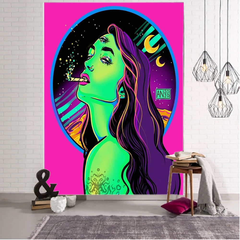 Cool pink smoke girl background decoration tapestry, smoking girl background decoration tapestry