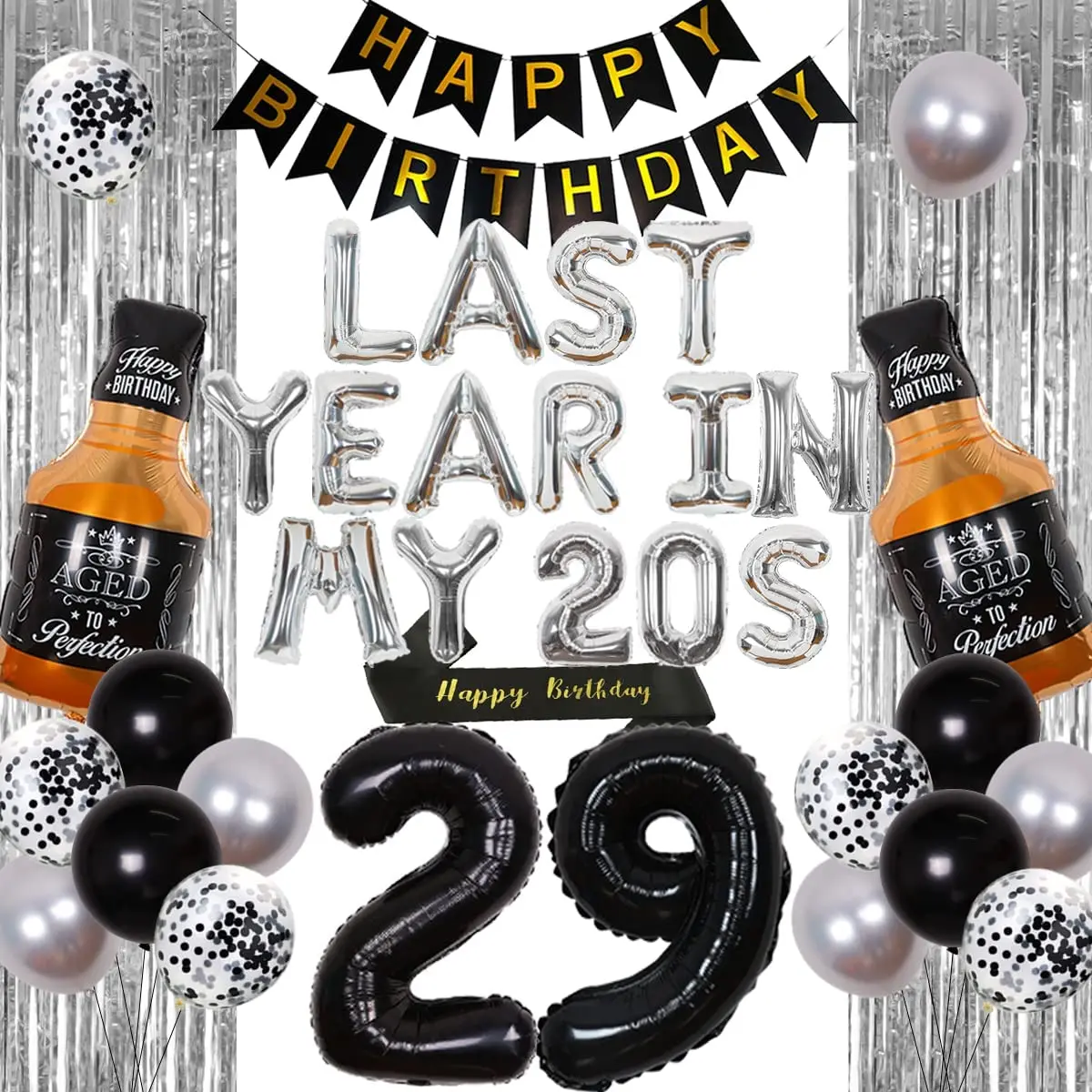 CHEEREVEAL 29th 30th 생일 파티 장식 Foil Balloons 로즈 골드 슬리버 내 20 년대에 작년 배너 Happy Birthday Sash