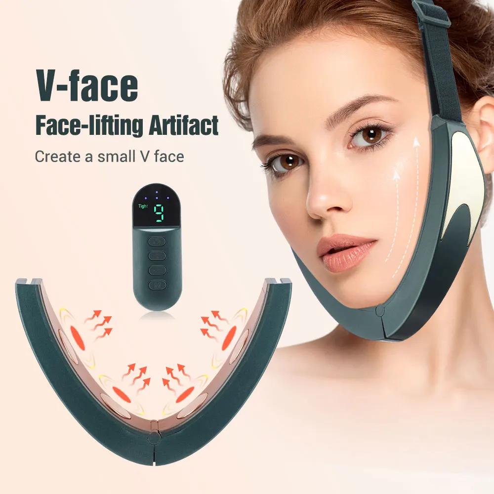 Woman demonstrating a heated facial massager designed to contour the V-line jawline.