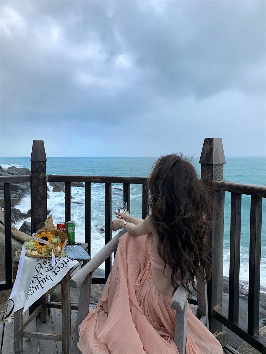 Summer New Fashion Sexy Pleated Holiday Beach Long Dresses for Women Vacation Spaghetti Strap A line Ladies Robe 2025 Sundress