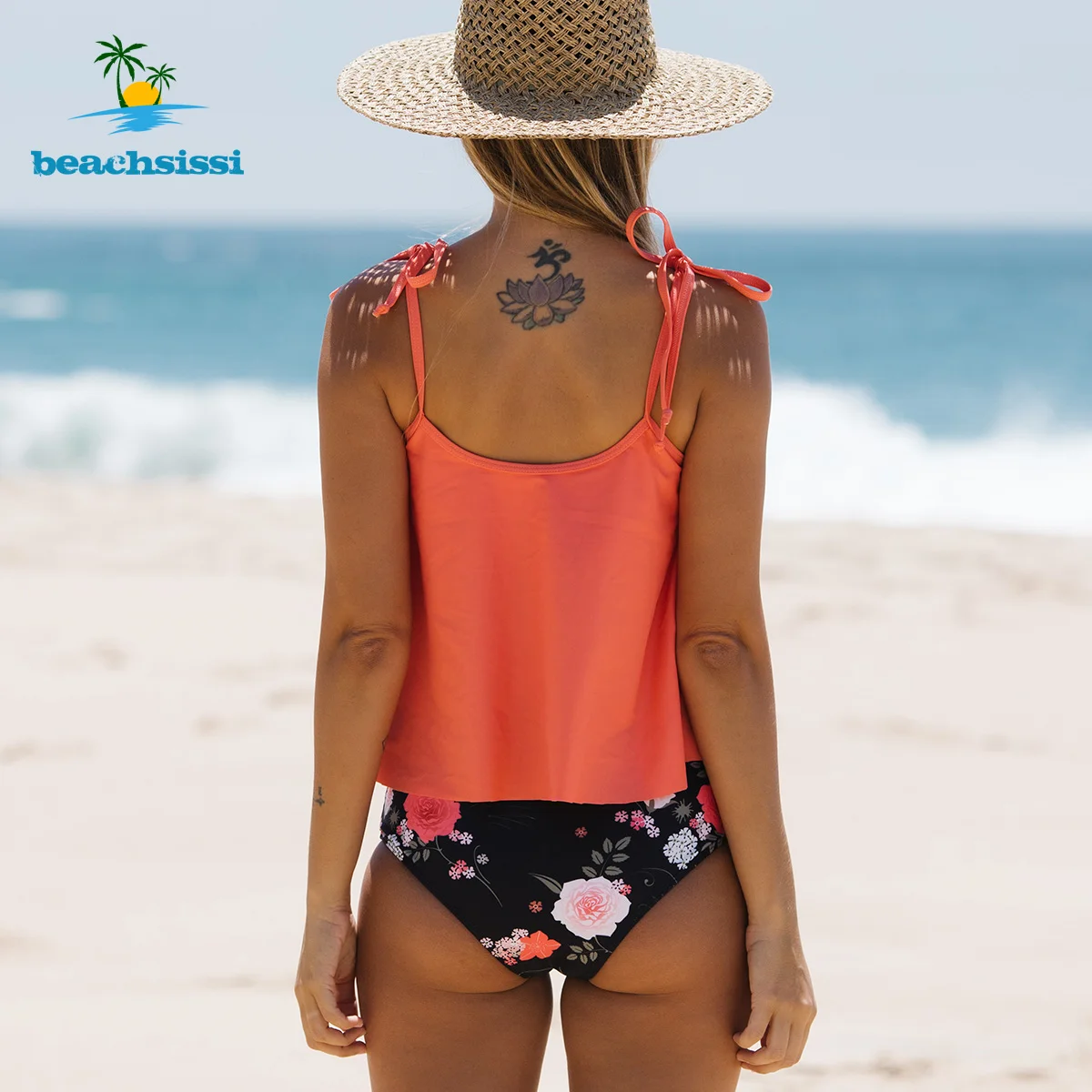 Beachsissi Women's Floral Print Ruched Tankini Set 2 Piece Bikini Tie  Shoulder Swimwear Cute Swimming Suit