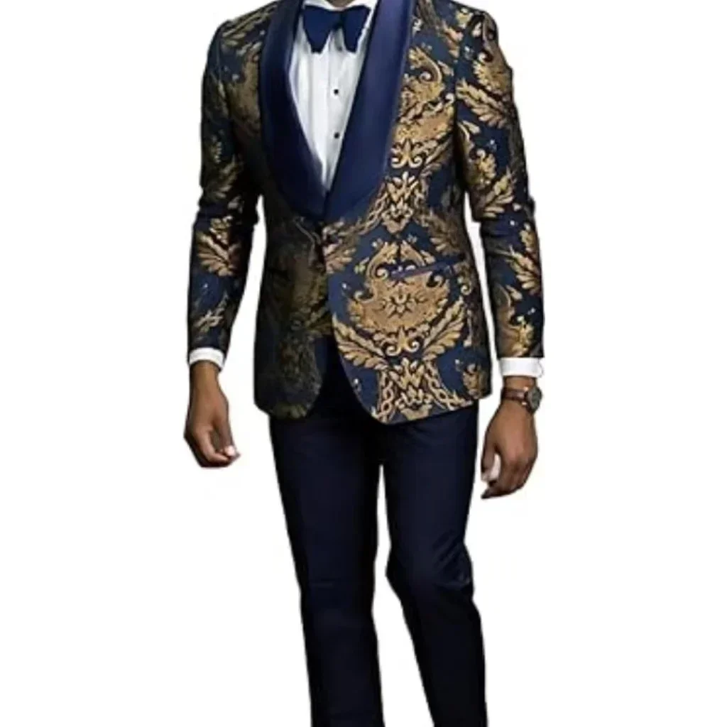 Stylish Slim Fit Mens Suits Floral Jacquard Shawl Lapel 2 Pieces Blazer and Pant Set Tuxedo Set Prom Wedding Dress Business