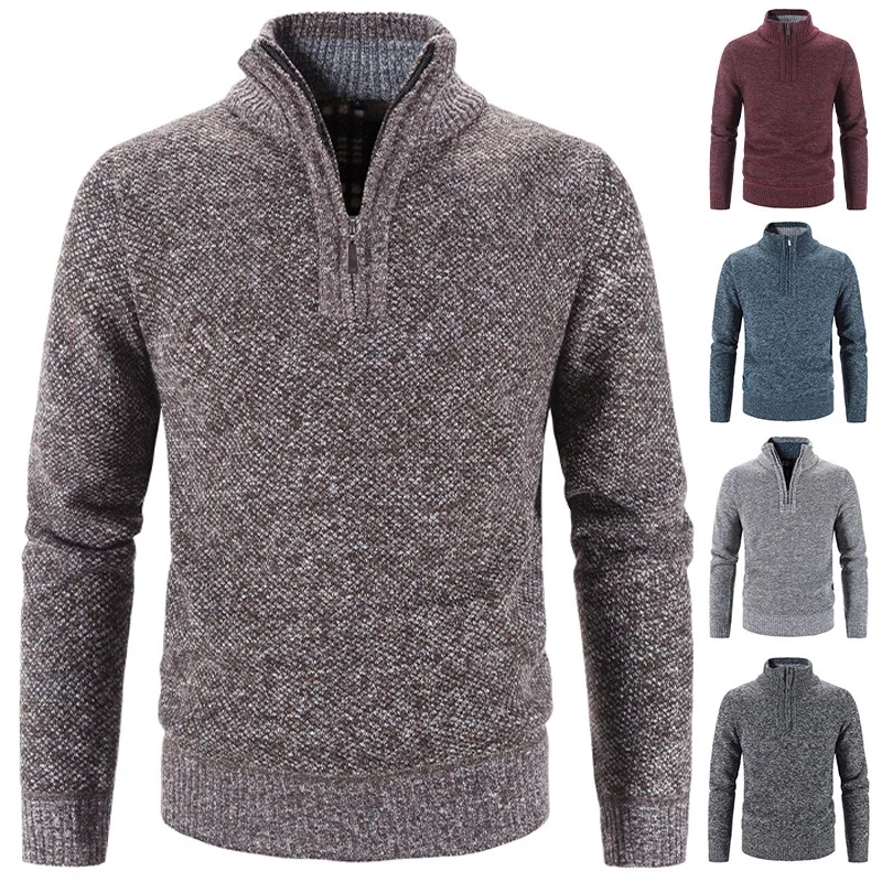 

2023 Winter Men's Fleece Thicker Sweater Half Zipper Turtleneck Warm Pullover Quality Male Slim Knitted Sweaters