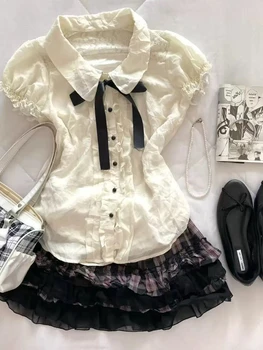 Japanese Sweet Y2K Kawaii 2 Pieces Set Women Bow Beautiful T-shirts and Shirts + Scottish Lace Skirt of New Way Of The Year Subtile Chic Summer Dress 2025 1