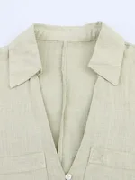 2025 Women Summer Shirts Dress Vintage Solid Linen V-Neck 3/4 Sleeve Loose Female Elegant Street MIDI Dresses Clothing - Image 5