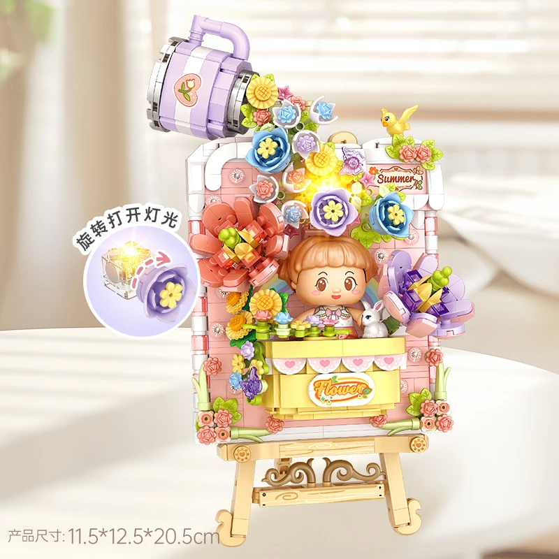 LOZ 판다 3D 페인팅 다육 꽃 그림 빌딩 블록 장난감, 조명 포함, 책상 장식 퍼즐 벽돌, 어린이 선물