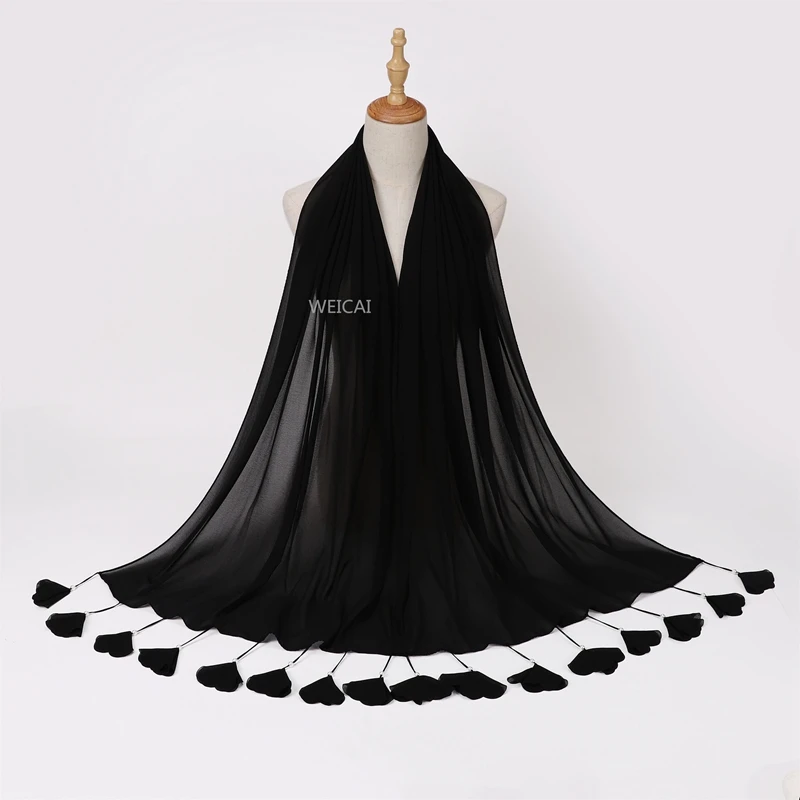 5PCS Wholesale Muslim Womens Hijabs Fashion Elegance Chiffon Shawl Gorgeous Tassel Headscarf Islamic Costume Festival Scarf 678