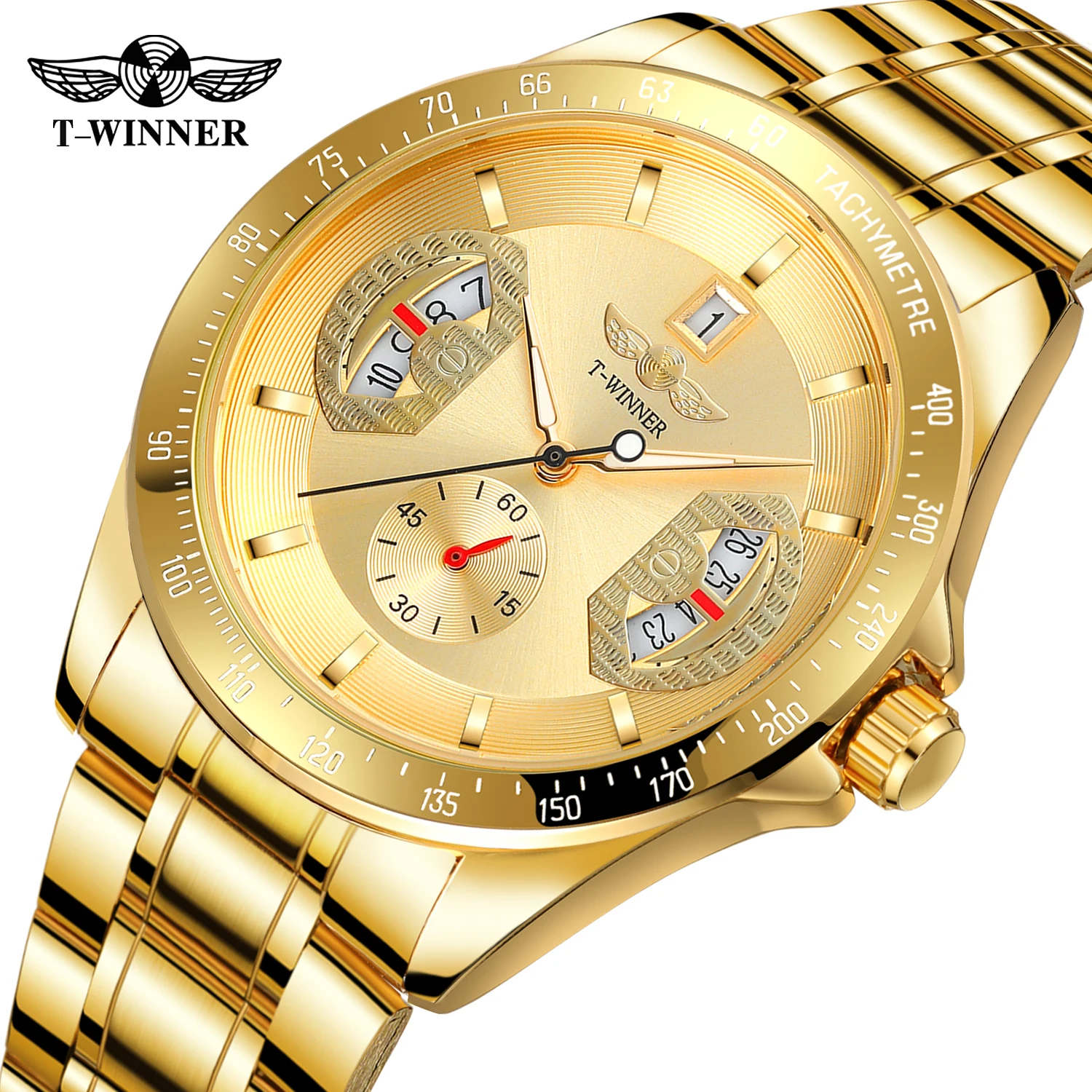 T-winner Men's Automatic Mechanical Watch 42mm Stainless Steel Strap Date Display Luminous Hands Waterproof Casual Fashion Gifts