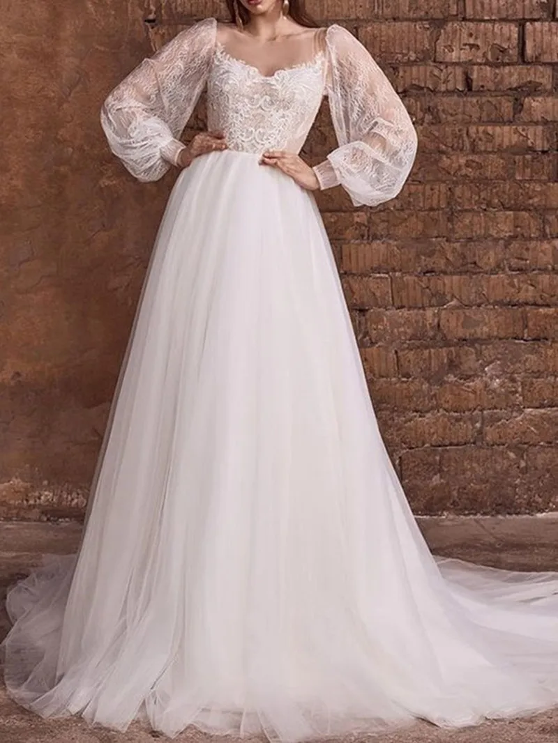 

Boho A Line Wedding Dresses Lace Appliques Long Sleeves Scoop Neck Tulle Vestido De Novia Elegant Bride Gowns Robe De Mariee