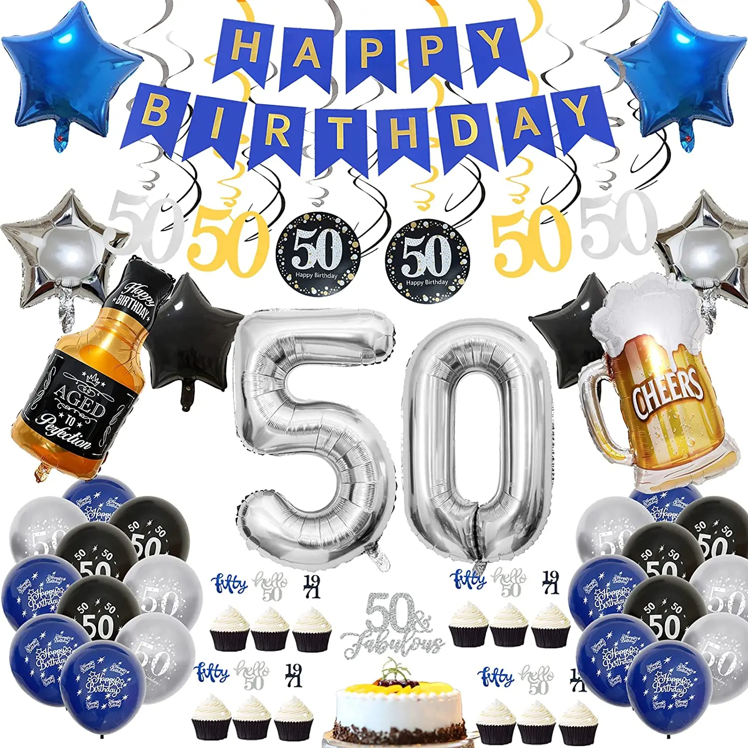 

50th Birthday Party Supplies For Birthday party supplies Inclued Happy Birthday Banner,Balloons,Cake Topper 40inches For 50th