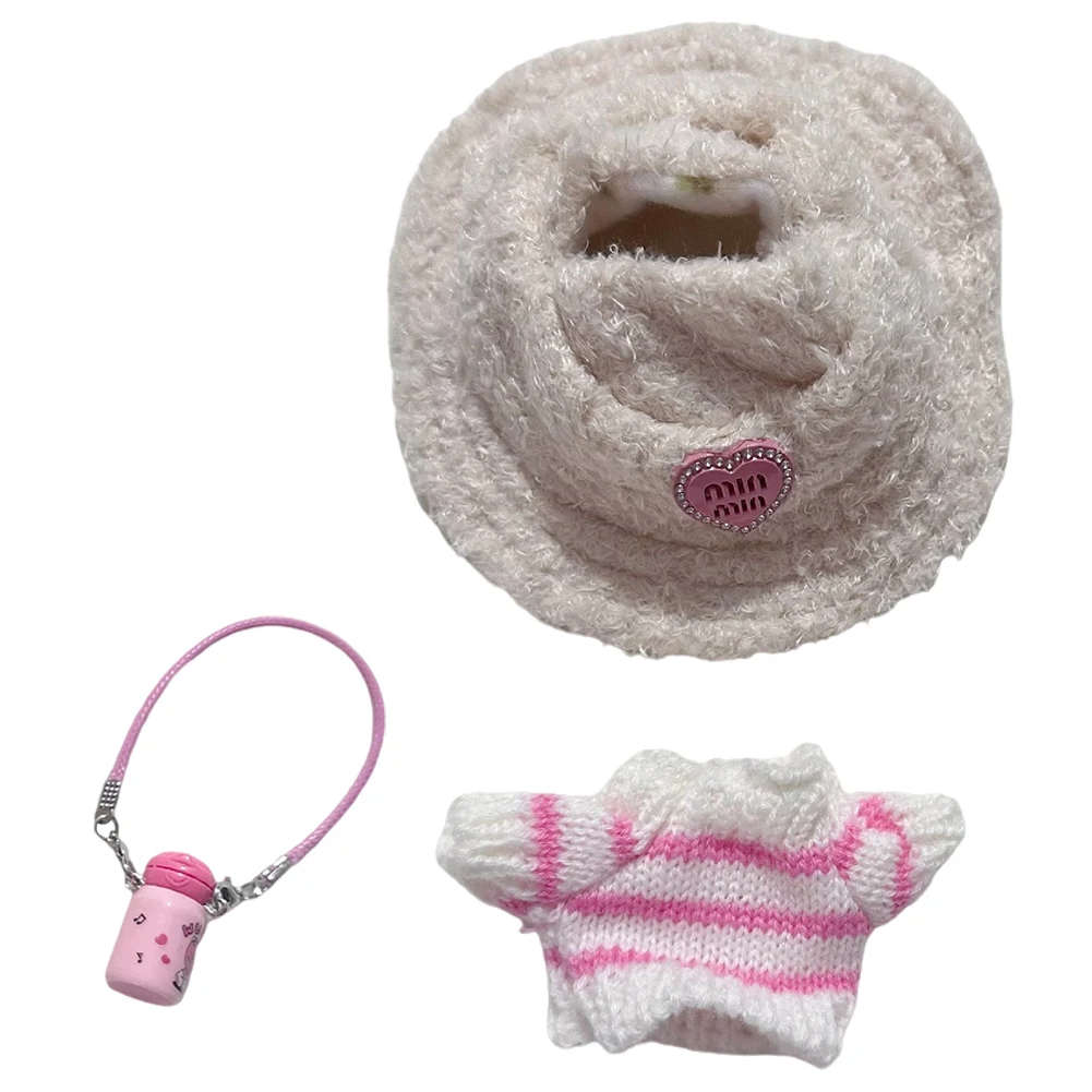 17cm Mini Plush Doll Sweater Decorative with Hat Kawaii Heart Doll Clothes DIY Cute Striped Plushies Outfit Soft for Girls Gift