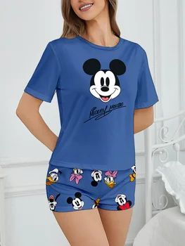 Women's 2-piece Disney Mickey and Friends Cute Cartoon Pattern Short sleeved Top and Shorts Pajamas Home Clothes 1