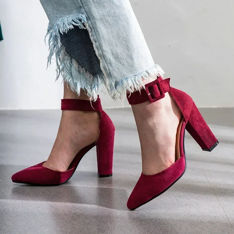 Women Pumps Fashion Ladies Shoes Party Wedding Square High Heel Pointed Toe Red Wine Ladies Pumps 3