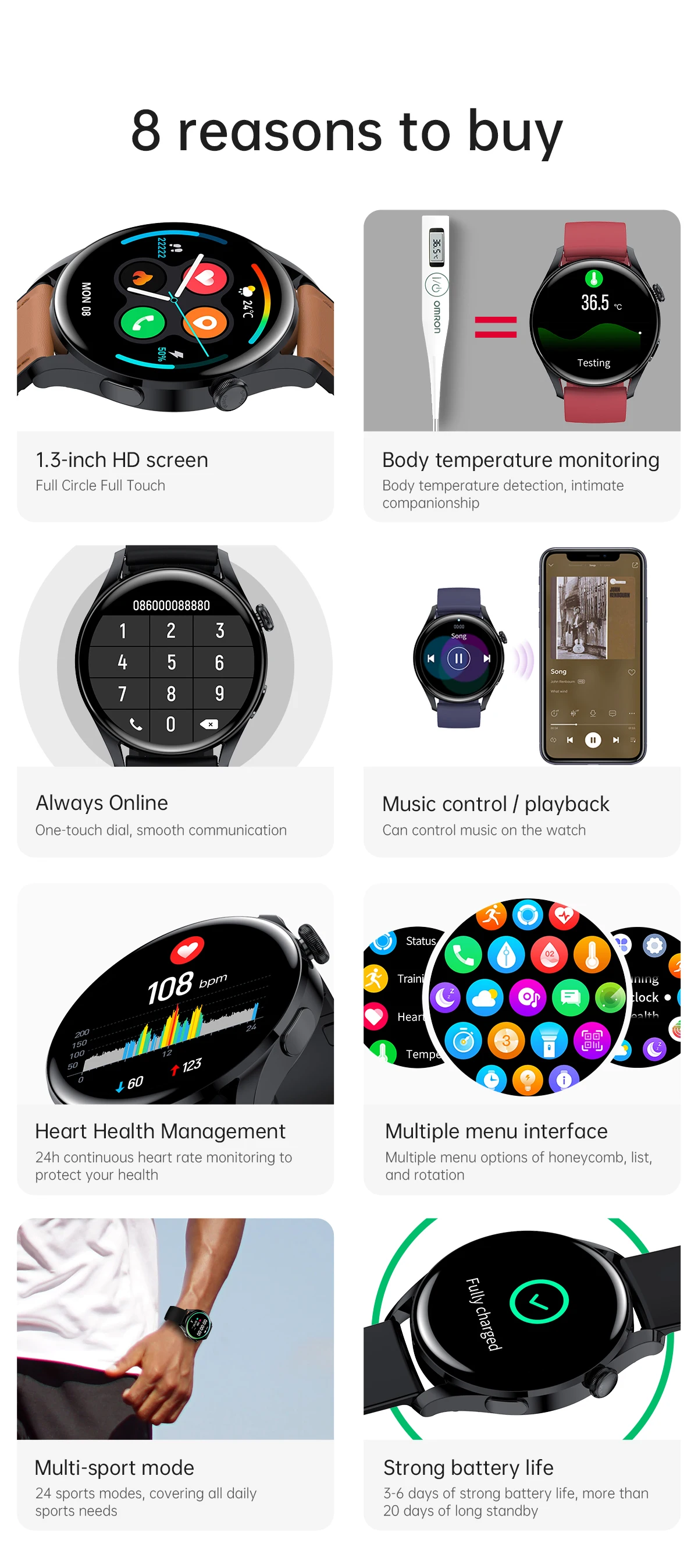 2022 Body temperature Bluetooth-compatibl calling Music control Heart rate Blood pressure  A variety of sports mode Smart watch