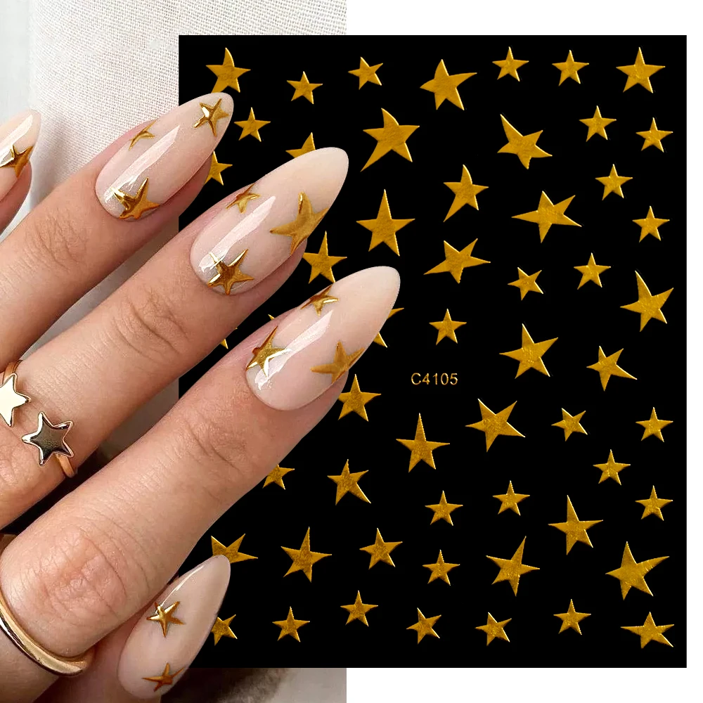 

Black Gold Silver Star 3D Nail Sticker Pentagram Decals Bronzing Laser Shiny Starlight Moon Adhesive Sliders Nail Art Decoration