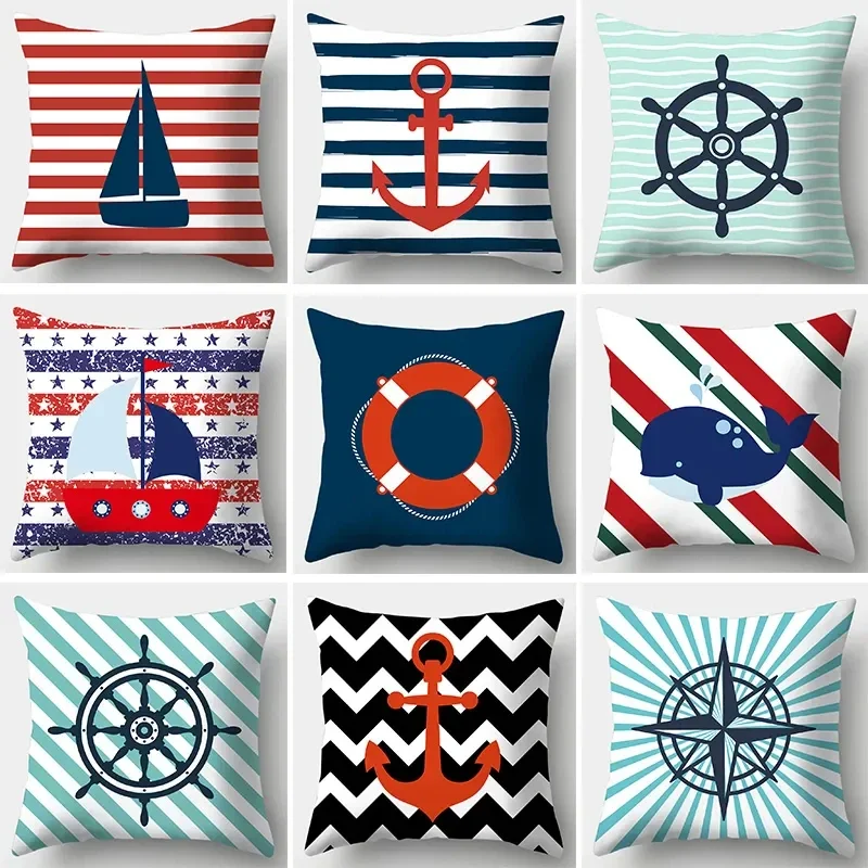 

Blue Mediterranean Pillow Cover Boat Sailboat Anchor Stripe Square Pillowcase Double Sided Cushion Cover Party Decor Gift DF133