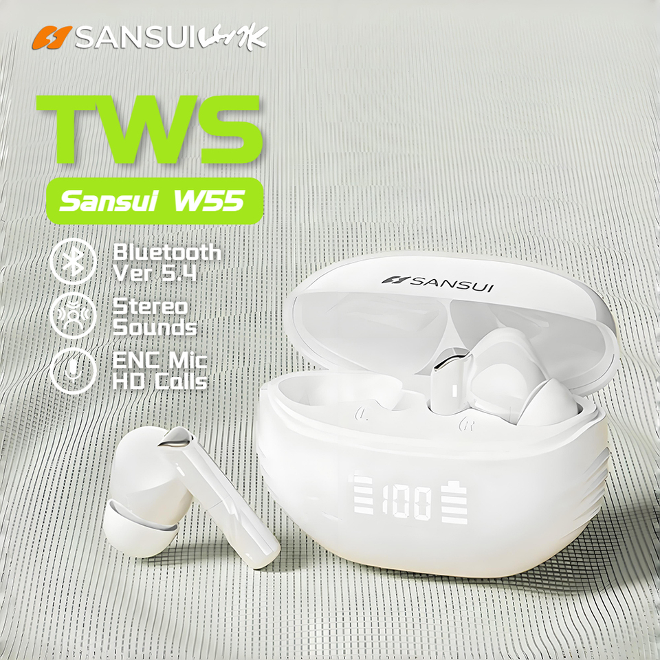 Sansui W55 Bluetooth 5.4 TWS Earbuds Hifi Stereo in-Ear Earphone IPX4 Waterproof Sports Bluetooth Headphones ENC Noise Canceling