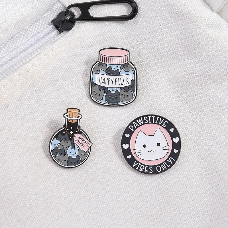 Niedliche Happy Cat Emaille Pin Happiness Potion Pawsitive Vibes Only Brosche Revers Abzeichen Schmuck Geschenk für Haustierliebhaber Freunde – Detail 7