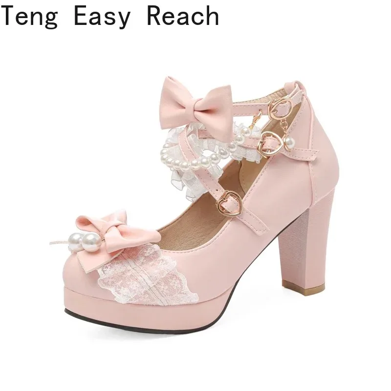 Women High Heels Cross Strap Mary Jane Pumps Party Wedding Cosplay Strawberry Bow Princess 2025 Lolita Shoes