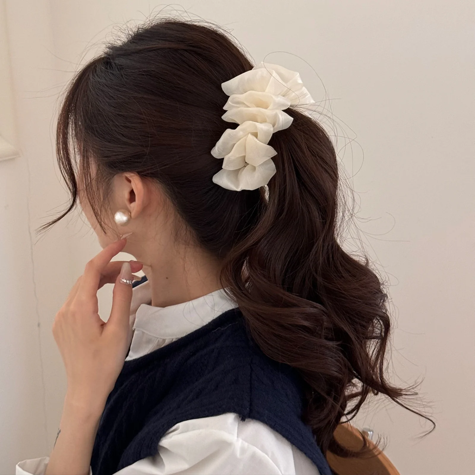 1PC Chiffon Flower Hair Scrunchies, 3 - Color Set (Black, Pink, White), Elegant Hair Ties for Women, Perfect for Ponytails
