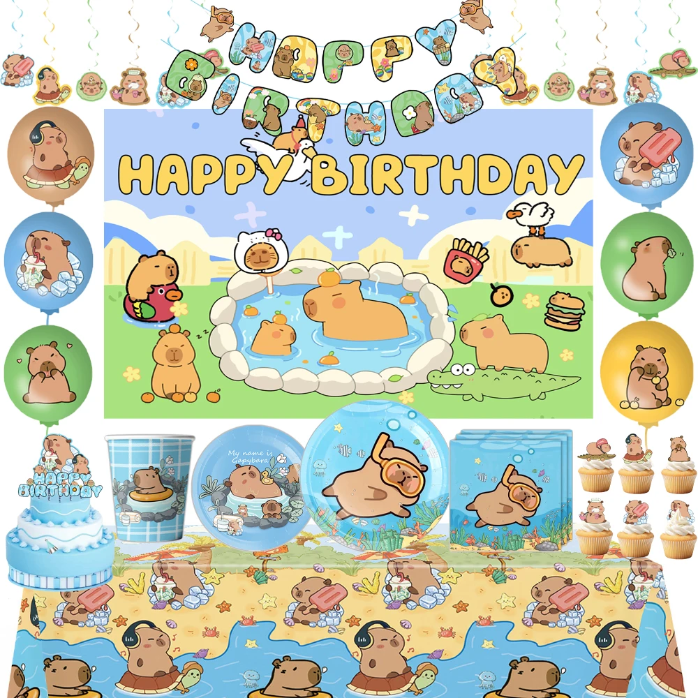 Capybara Birthday Party Decoration Cute Animal Disposable Tableware Cup Plate Napkin Tablecloth for Kids Baby Shower Supplies