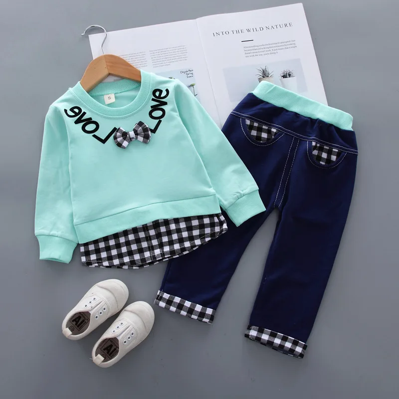 Clothing set bow tie accessories patchwork spring autumn sweatshirt+jeans girl 0-4 Age fashionable Korean version child clothing