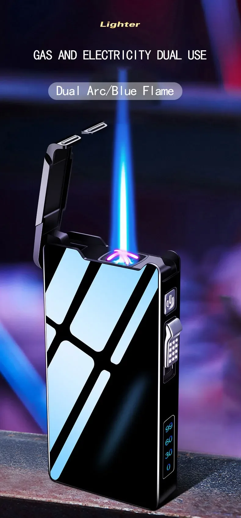 Description Picture 2 of item2 in 1 Double Arc Windproof USB Metal Jet Flame LED Gas Charging Electric Survival Torch Turbo Lighter