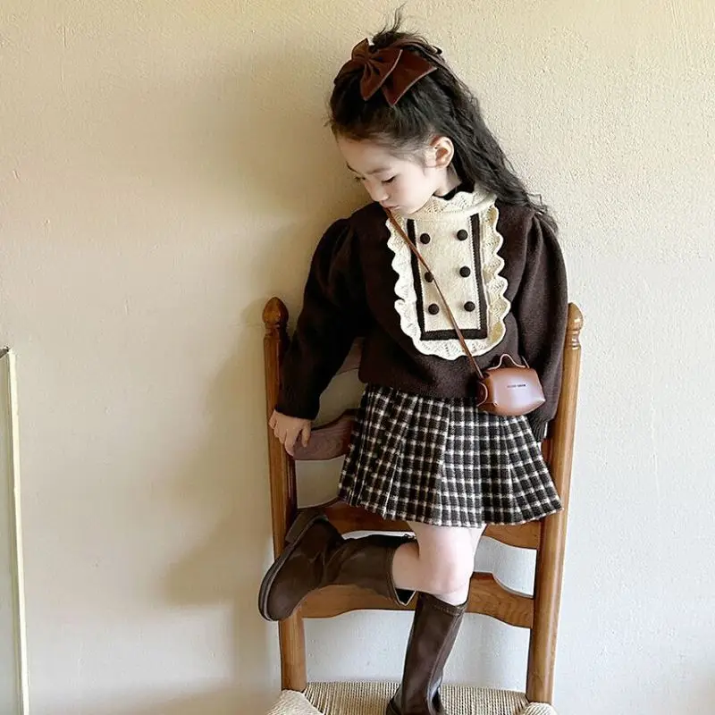 

Girl Dress Suit 2023 New Autumn Winter Korean Fashion Style Sets Girl Long Sleeve Sweater Plaid Pleated Skirt Two Piece Suit