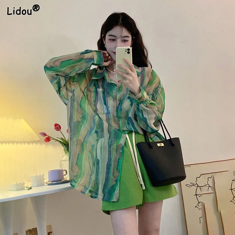 Women's Clothing 2023 Thin Spring Summer Turn-down Collar Loose Button Striped Fashion Casual Streetwear Long Blouses Hipster