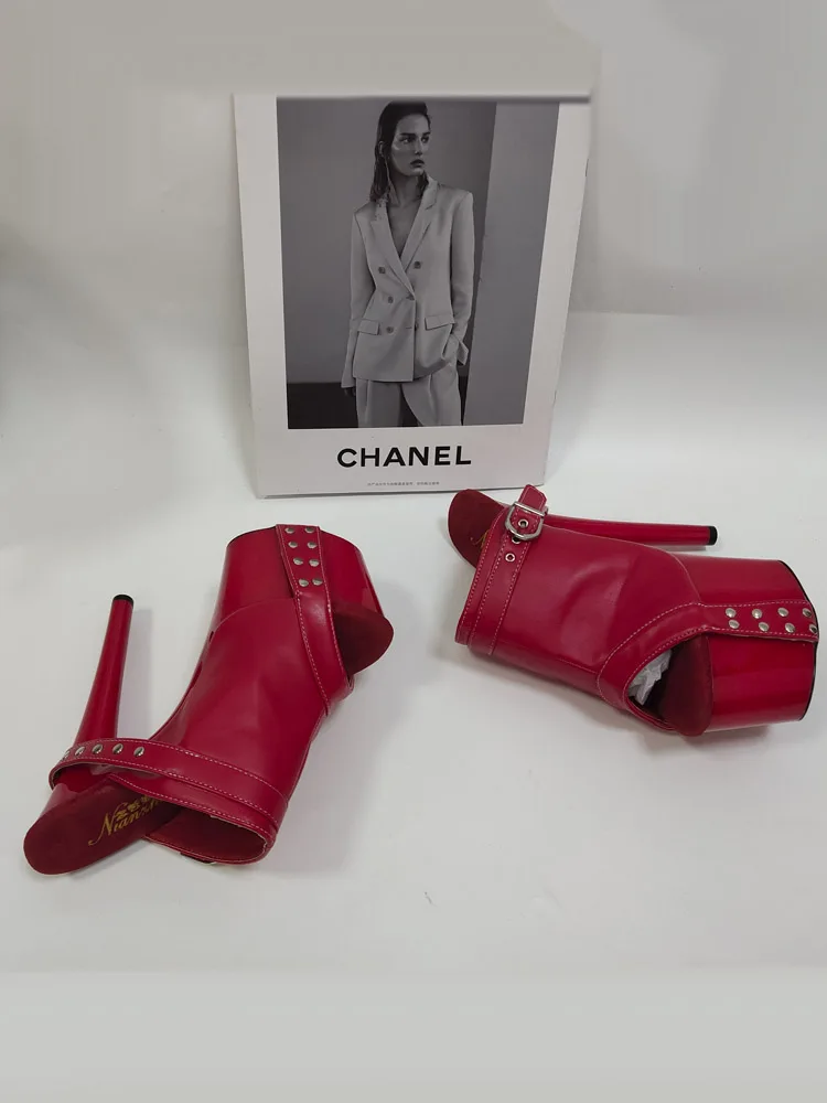 17CM Women's High Heeled Shoes Thick Platform Gothic Shallow Slippers Rivet Big Size Nightclub 7 Inches White Party Buckle Strap