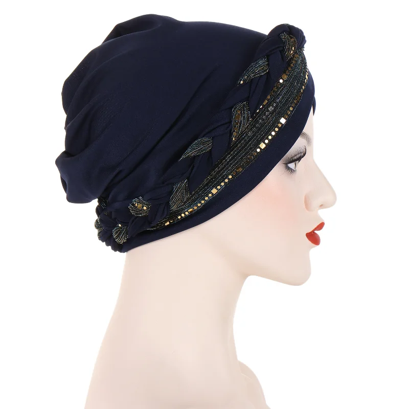 KepaHoo India Lurex Glitter Cross Braid Jersey Turban Hats Beanie Bonnet Canner Islamic Chemo Caps Solid Muslim Hair Loss Cover 5