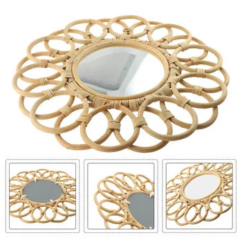 거울 벽 라운드 직조 걸이식 등나무 프레임, 마크라메 메이크업 화장대 장식, 보헤미안 편조 거울 장식, 집 장식