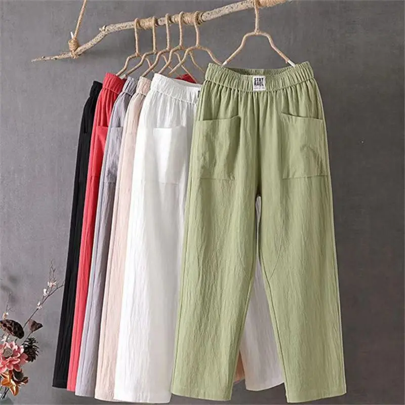 

Summer Cotton Linen Harem Pants Women Solid Casual Loose Elastic Waist Thin Breathable Ankle-length Pants Korean Lady Trousers