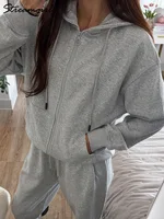 Autumn Sweatpants Set Women White Oversize Sweatshirt With Zipper And Hood Tracksuits Set Women Two Piece Gray Sports Pants Suit - Image 3