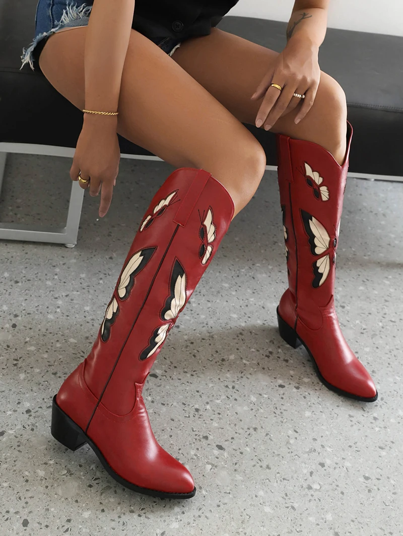 Plus Size Embroidered Butterfly National Western Boots Pointed Toe Thick Heel Plush Inner Embroidered Women's Knee High Boots