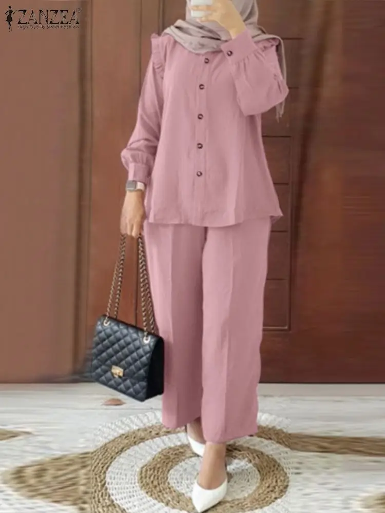 2PCS Vintage Long Sleeve Shirt Matching Sets Trousers Suits ZANZEA Fashion Muslim Pant Sets Dubai Turkey Abaya Loose Outifits