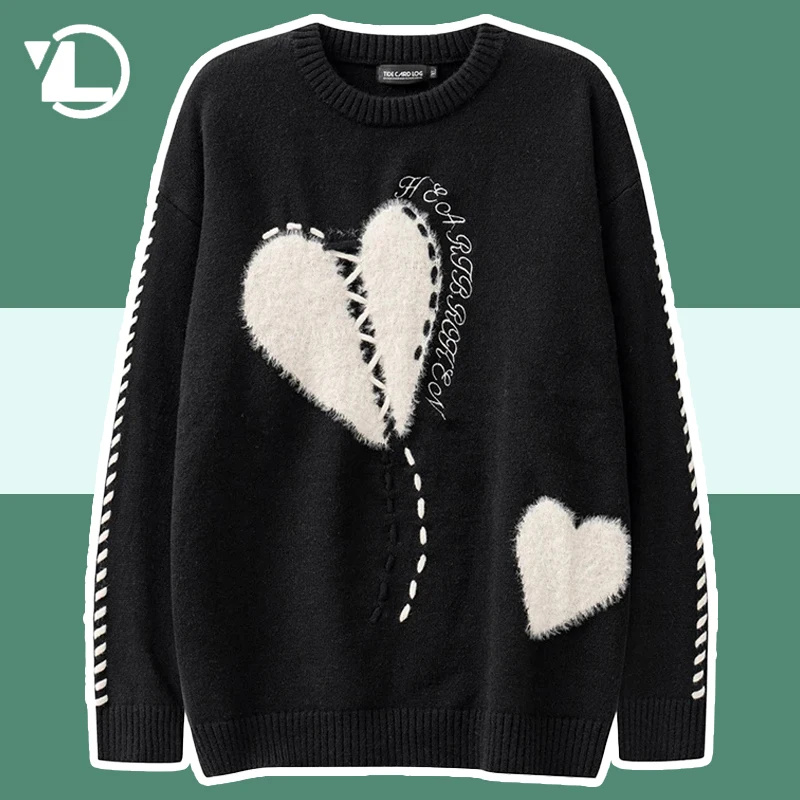 

Вязаный свитер с вышивкой Y2k в стиле Харадзюку для мужчин и женщин, зимний джемпер большого размера с круглым вырезом для пар