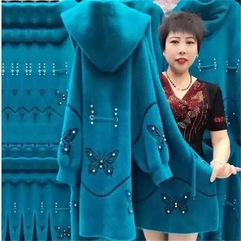 모조 밍크 플리스 여성 코트, 후드 미드 롱 니트 가디건 스웨터, 따뜻한 상의, 중년, 엄마 아우터, 가을, 겨울