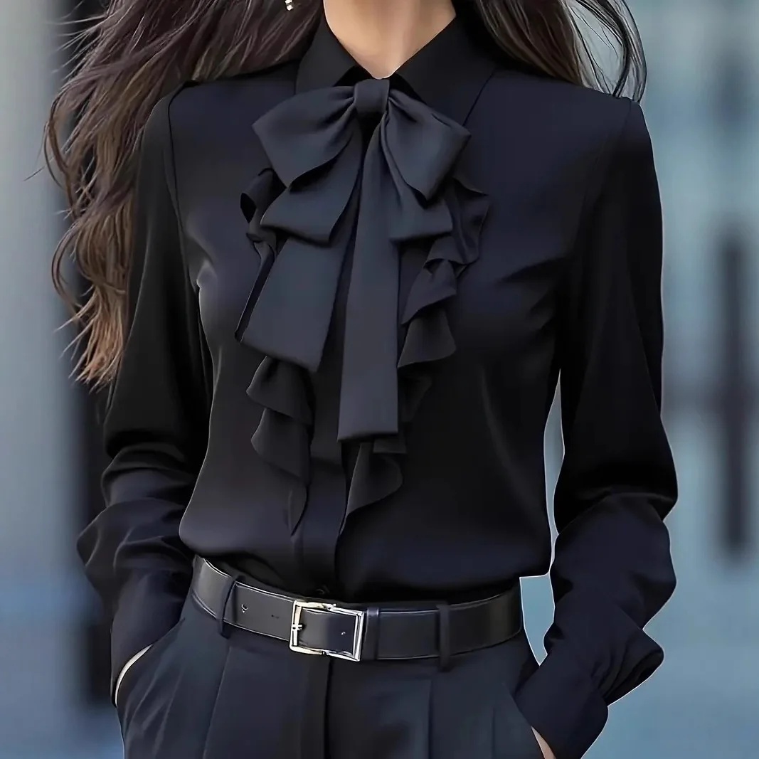 Women Slim Ruffle Butterfly Knot Blouse for Autumn Spring