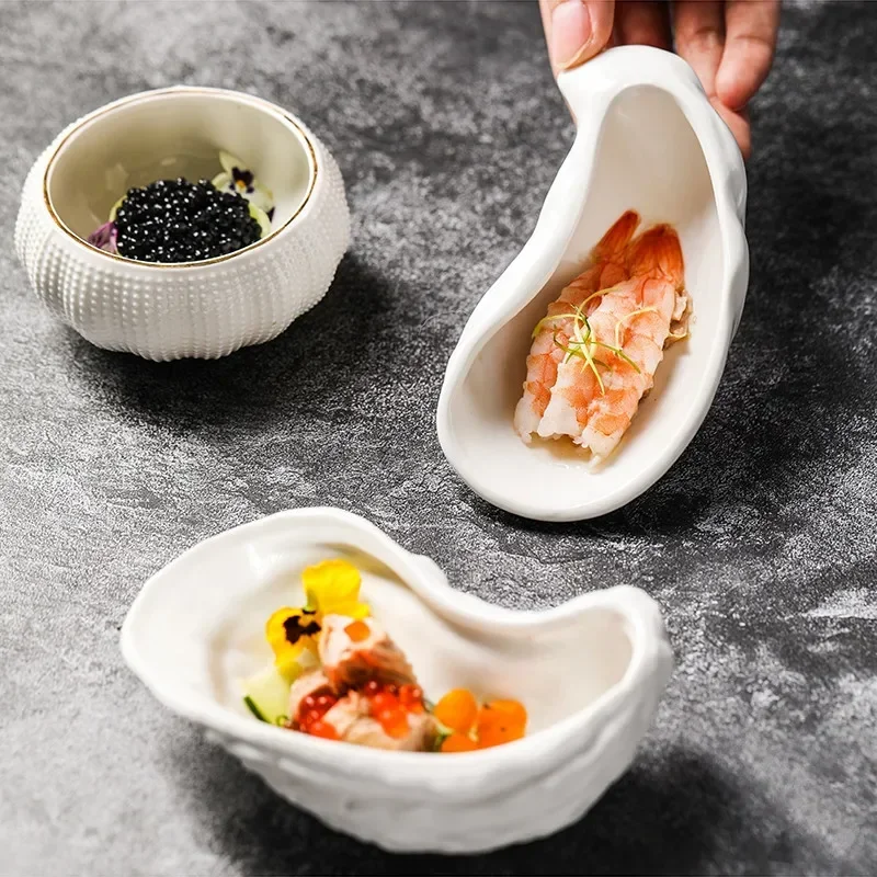 Plato de cerámica blanca para erizo de mar, cuenco de postre