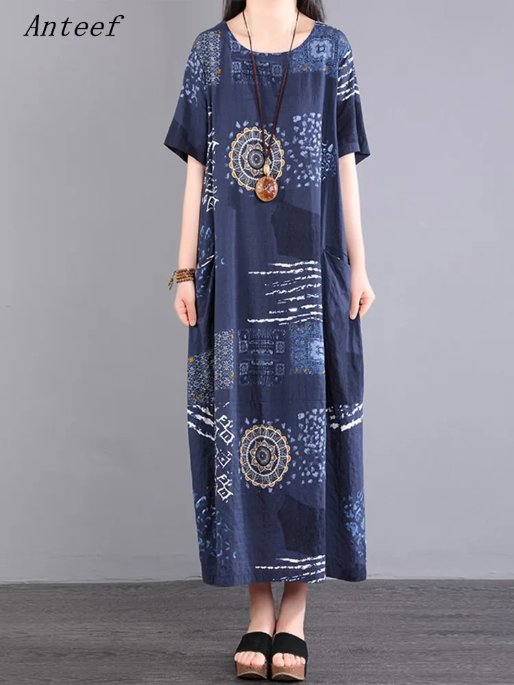 

Женское винтажное платье с коротким рукавом, повседневное Свободное длинное летнее платье, элегантная одежда 2023