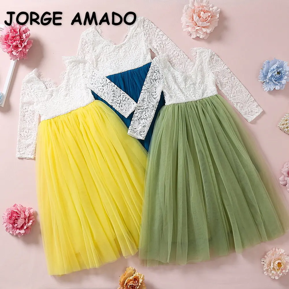 Princess Dress for Girls Ankle Length Wedding Party Dress Eyelash Back Lace Beach Dress Children Clothing E15177