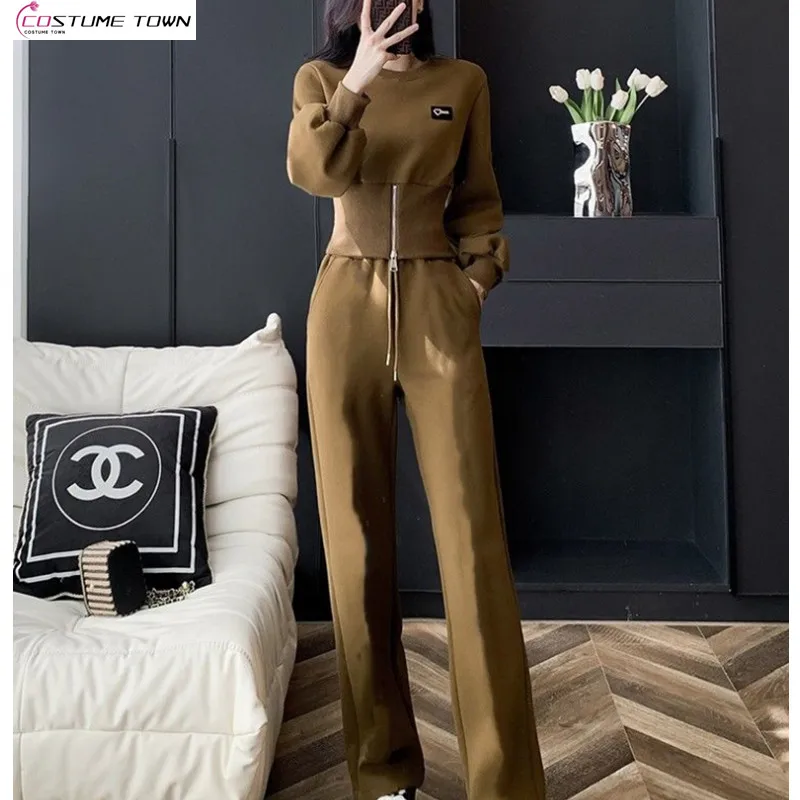 2024 Sports and Leisure Women's Set Autumn and Winter Age Reducing Fashion Slim Fit Top+Wide Leg Pants Two Piece Set